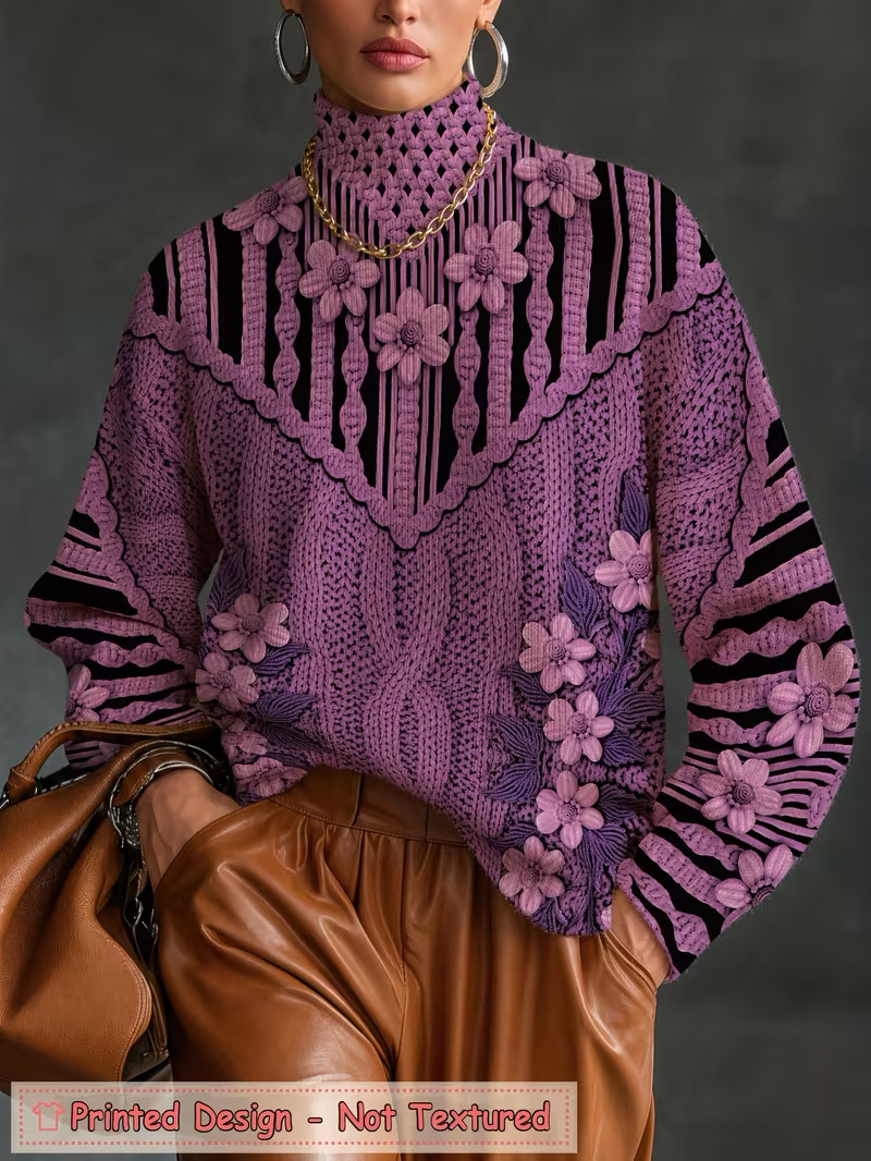 Women's Floral Polka Dot Print Turtleneck Casual Sweater