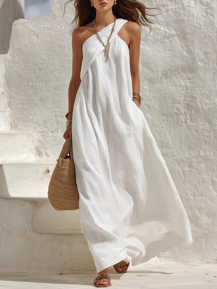 Women's Sleeveless One-Shoulder Open-Back Solid Color Dress