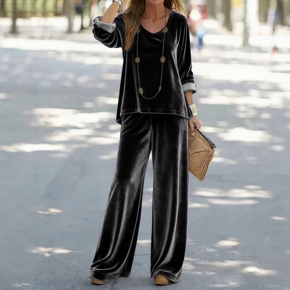 Women's Velvet V-Neck Long Sleeve Top and Pants Set Casual Multi-Color