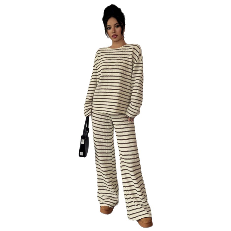 Women's Striped Round Neck Long Sleeve Top and Pants Two-Piece Set