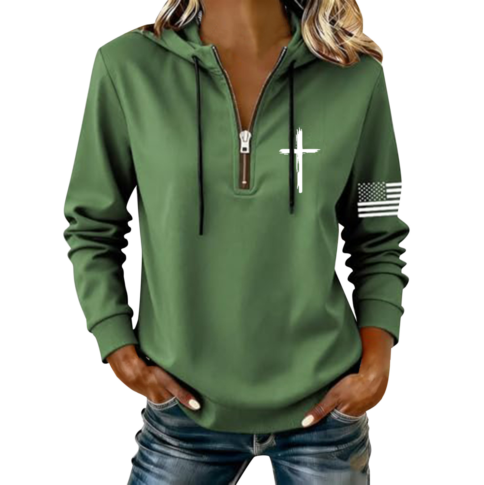 Women's Cross & American Flag Print Half-Zip Sweatshirt