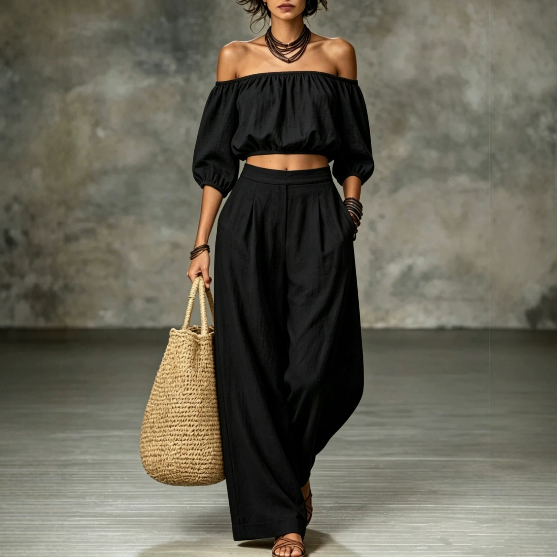 Off-Shoulder Lantern Sleeve High-Waist Wide-Leg Two-Piece Set