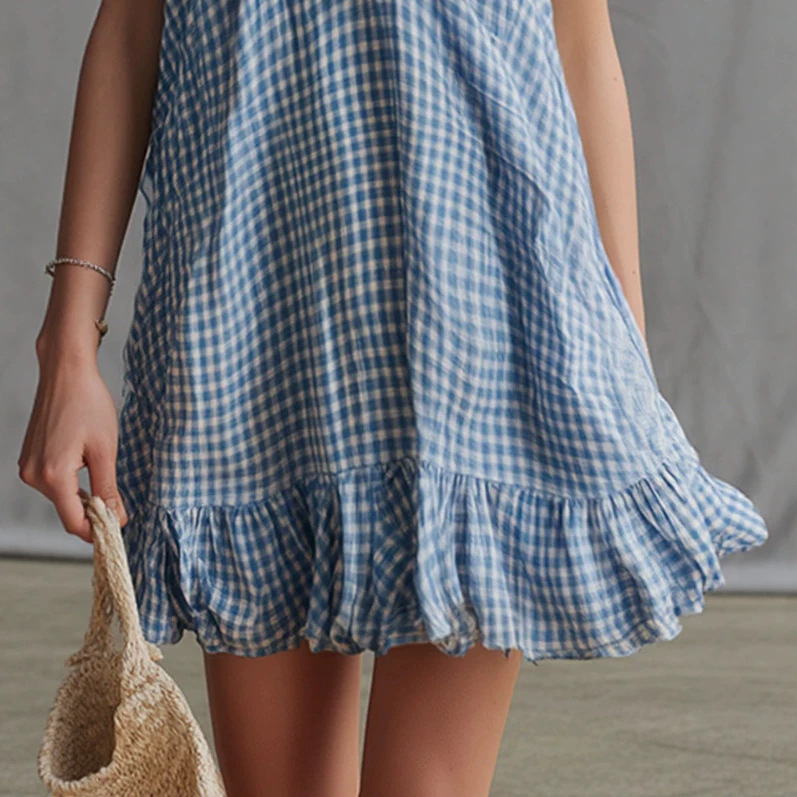 Blue Plaid Ruffle V-Neck Mini Dress