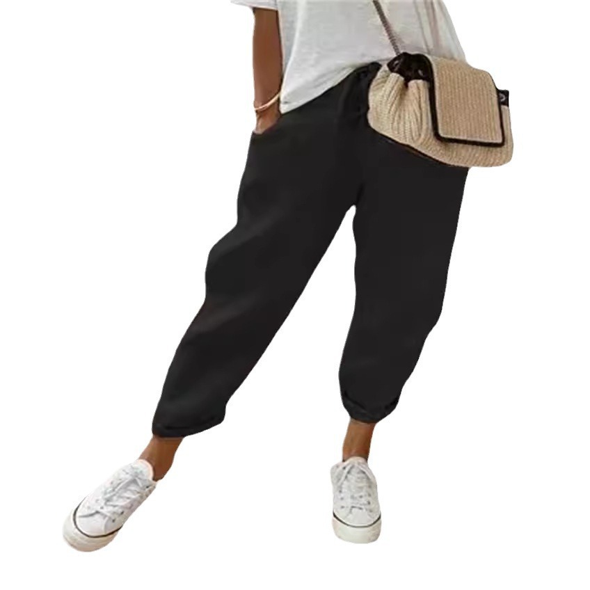 Women's Cotton Linen Elastic Waist Cropped Pants Casual Loose Fit