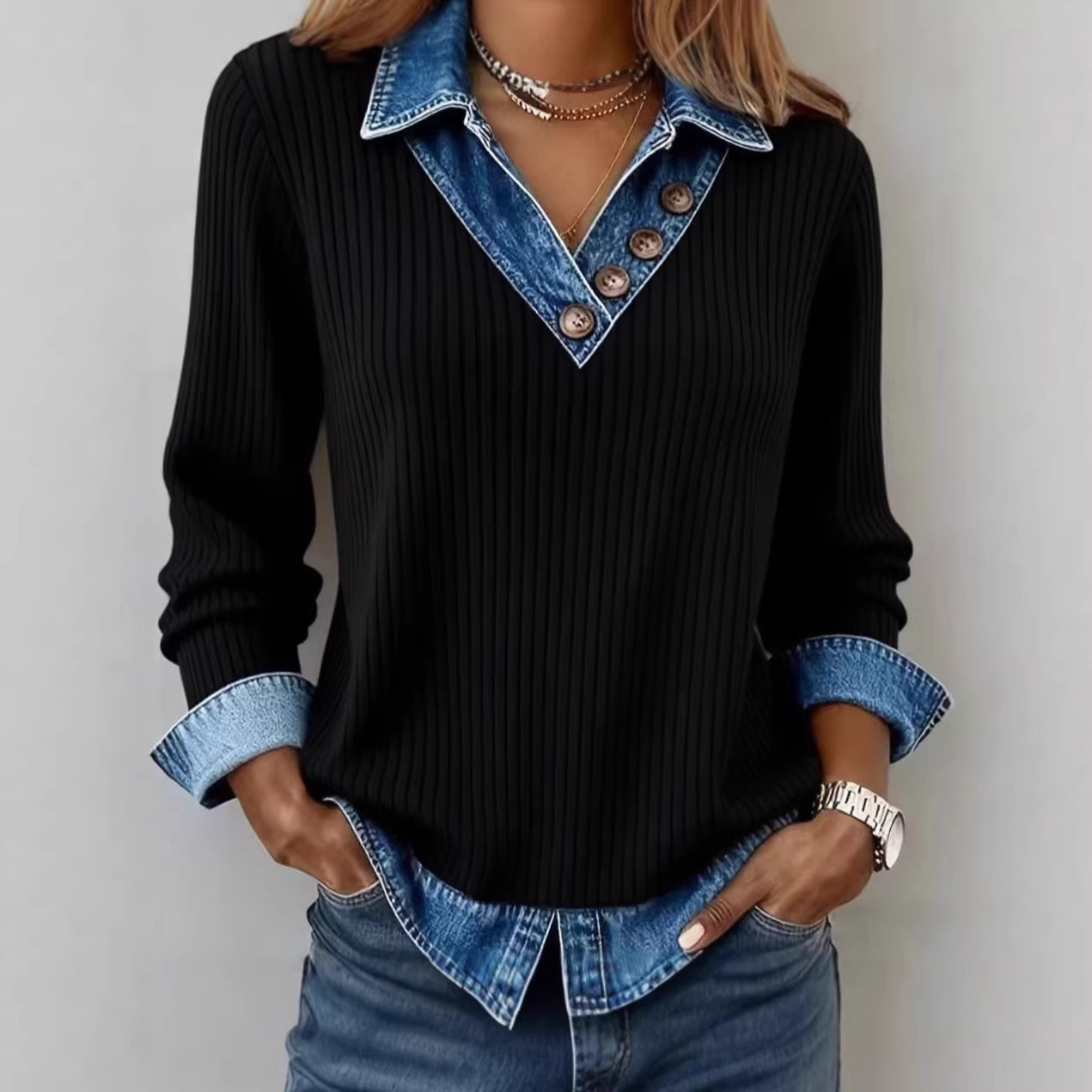 Women's Denim Spliced Ribbed Knit Faux Two-Piece V-Neck Long-Sleeve Top