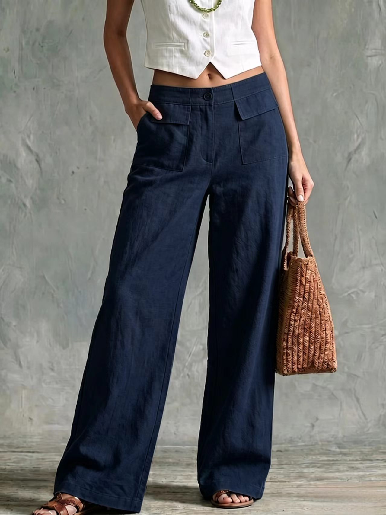 Women's Solid Color Wide-Leg Elastic Waist Casual Pants