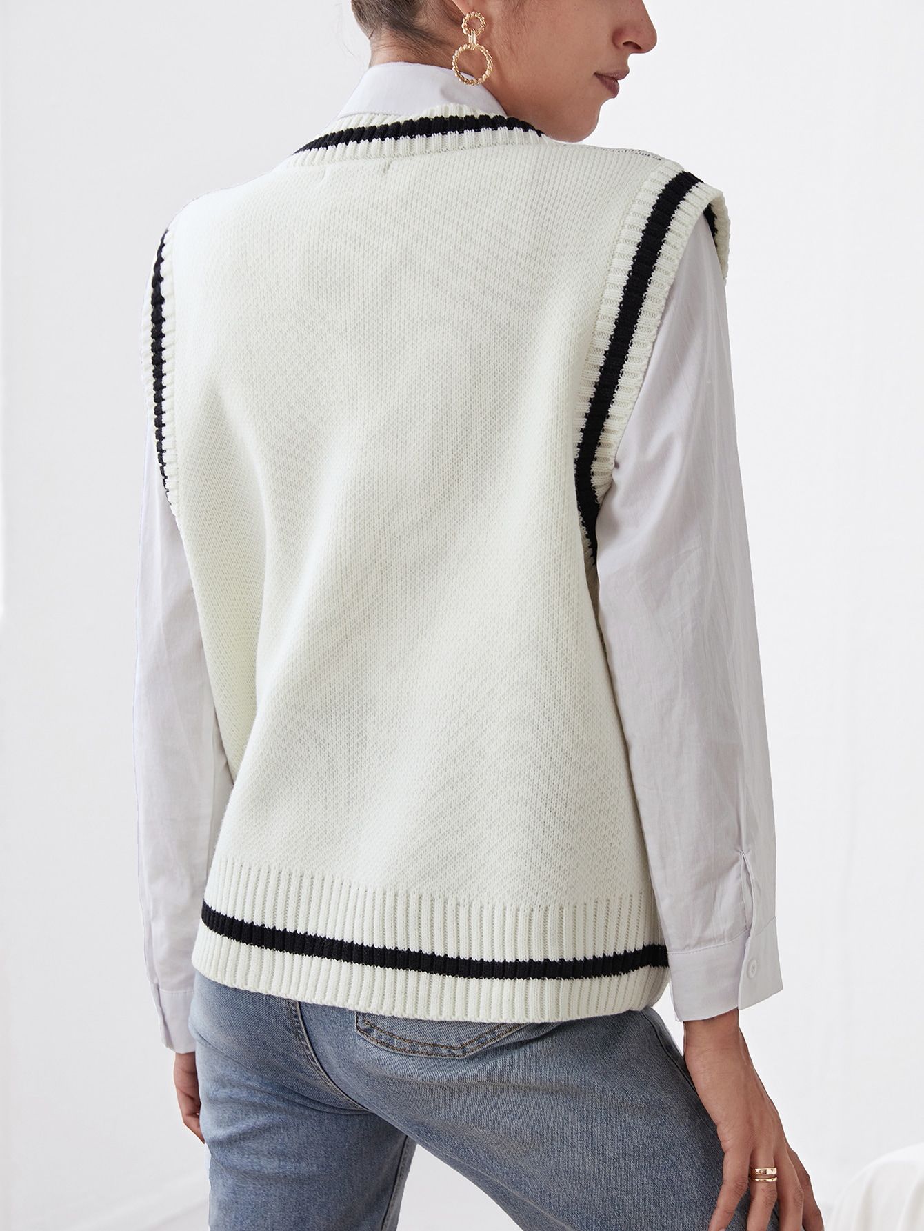 V-Neck Sleeveless Knit Sweater Vest with Spider Pattern