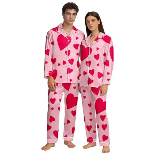 Cuban Collar Heart Print Long Sleeve Women's Set