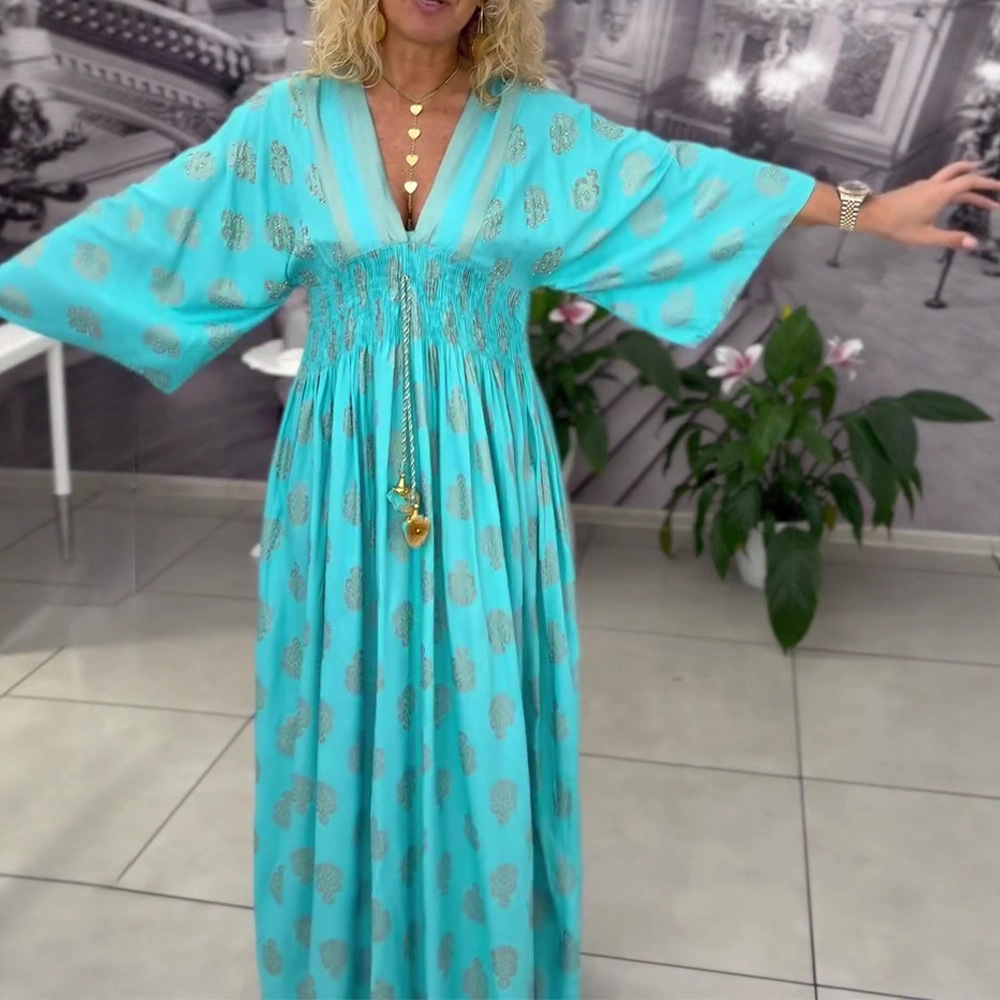 Women's Floral Print V-Neck Drawstring Waist Maxi Dress