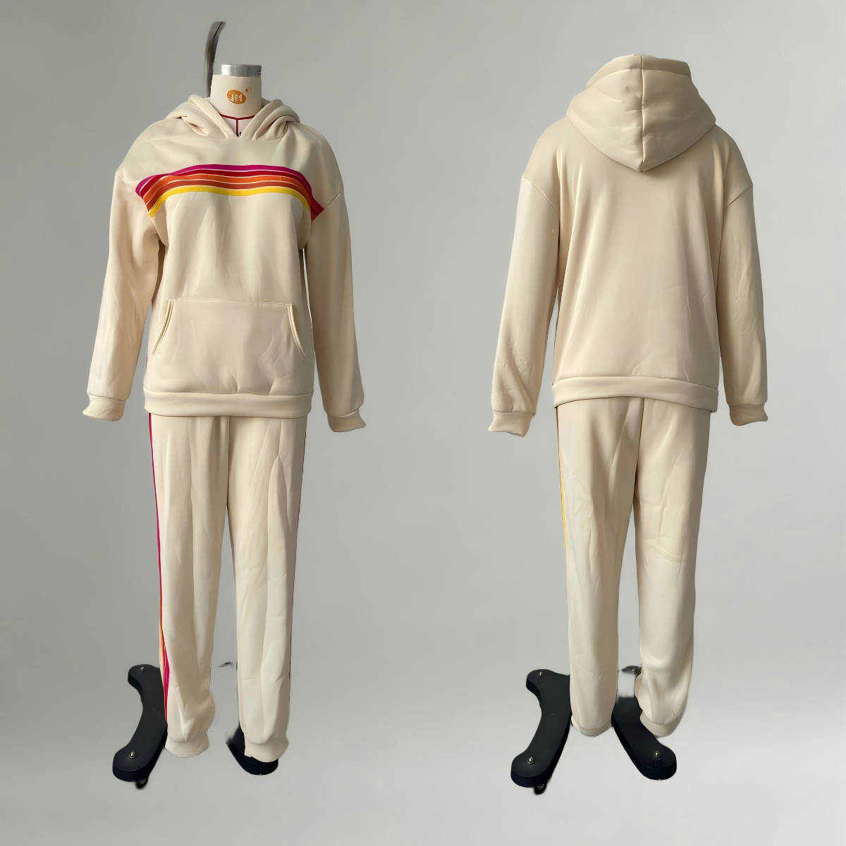 Women's Hooded Colorblock Striped Loungewear Set with Elastic Waist