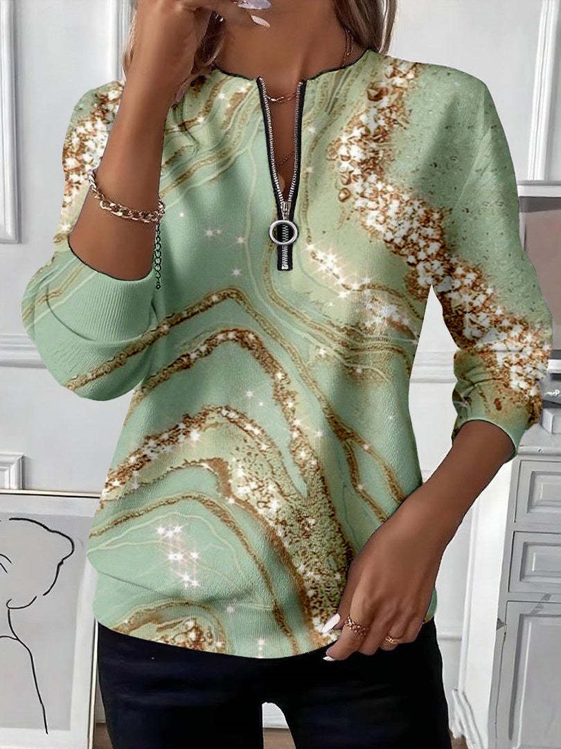 Women's Boho Print Long Sleeve Zip-Up Sweatshirt Casual Top