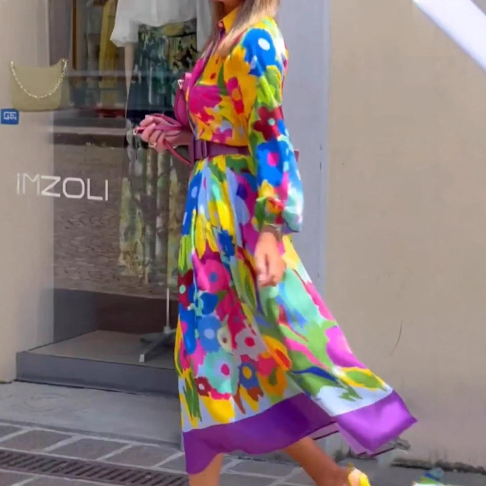 Elegant Floral Print Long Sleeve Shirt Dress
