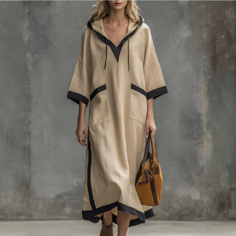 Hooded Long Dress Loose 3/4 Sleeve Color-Block Black Trim Relaxed Fit