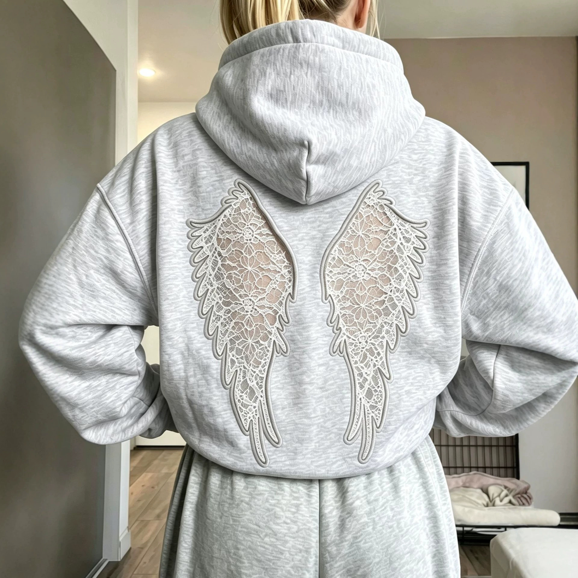Women's Casual Hooded Cutout Embroidered Wing Long-Sleeve Sweatshirt