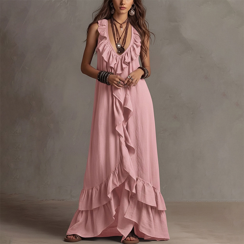 French Vintage Sleeveless Ruffle V-Neck Dress