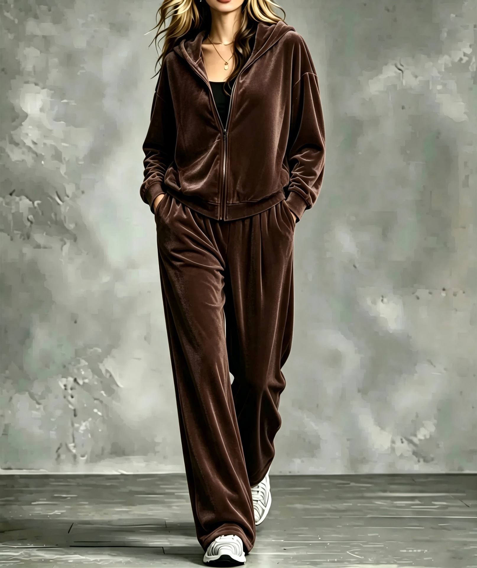 Women's Solid Zip-Up Hooded Two-Piece Sweatsuit Set