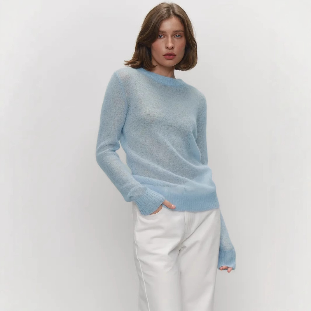 Mohair Blend Crewneck Pullover Sweater Women's Sheer Knit Top