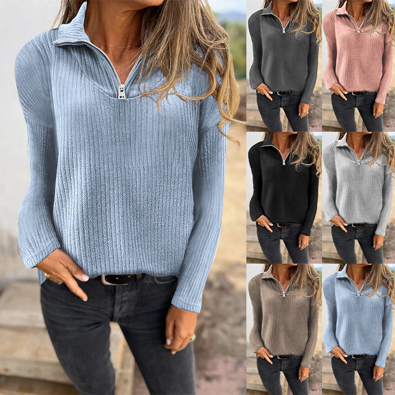 Women's Zip-Up Long-Sleeve Knit Sweater Casual Pullover