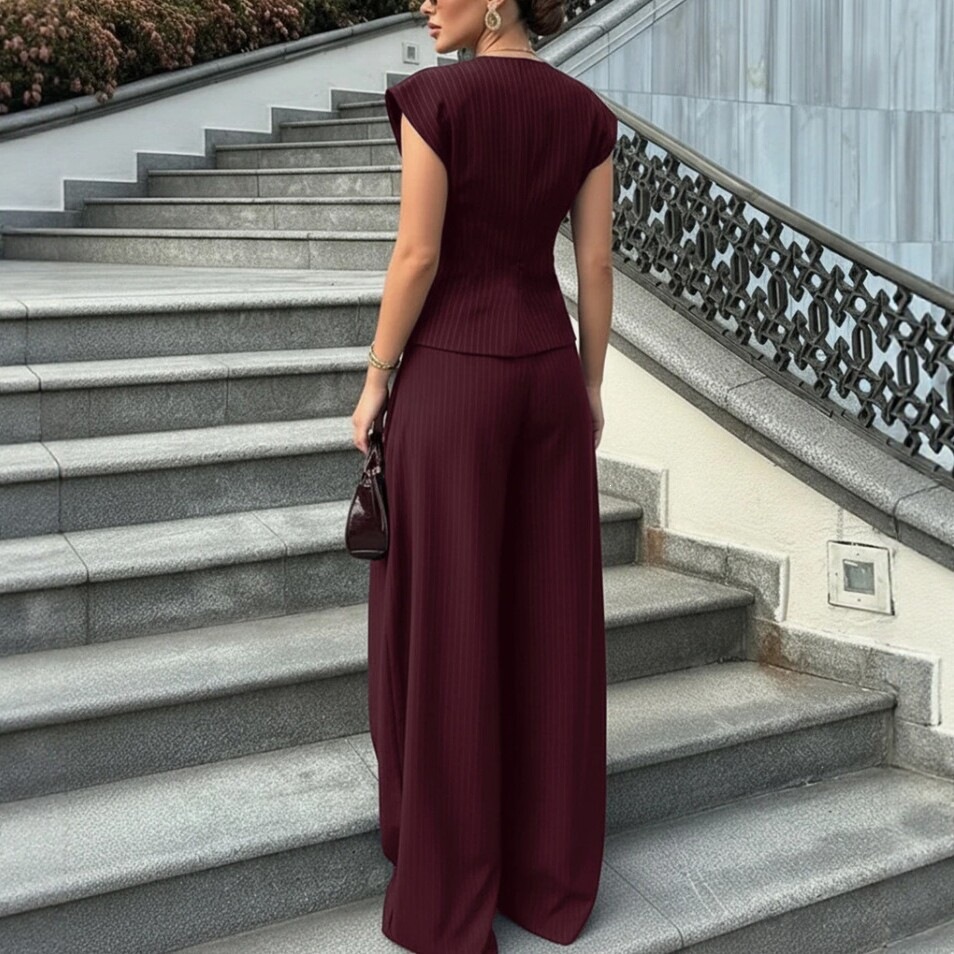 V-Neck Sleeveless Wide-Leg Pants Set Slimming Waist Commuter Women's