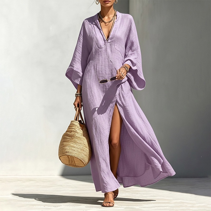 Women's Summer Batwing Sleeve Dress V-Neck High Waist Slit Long Dress