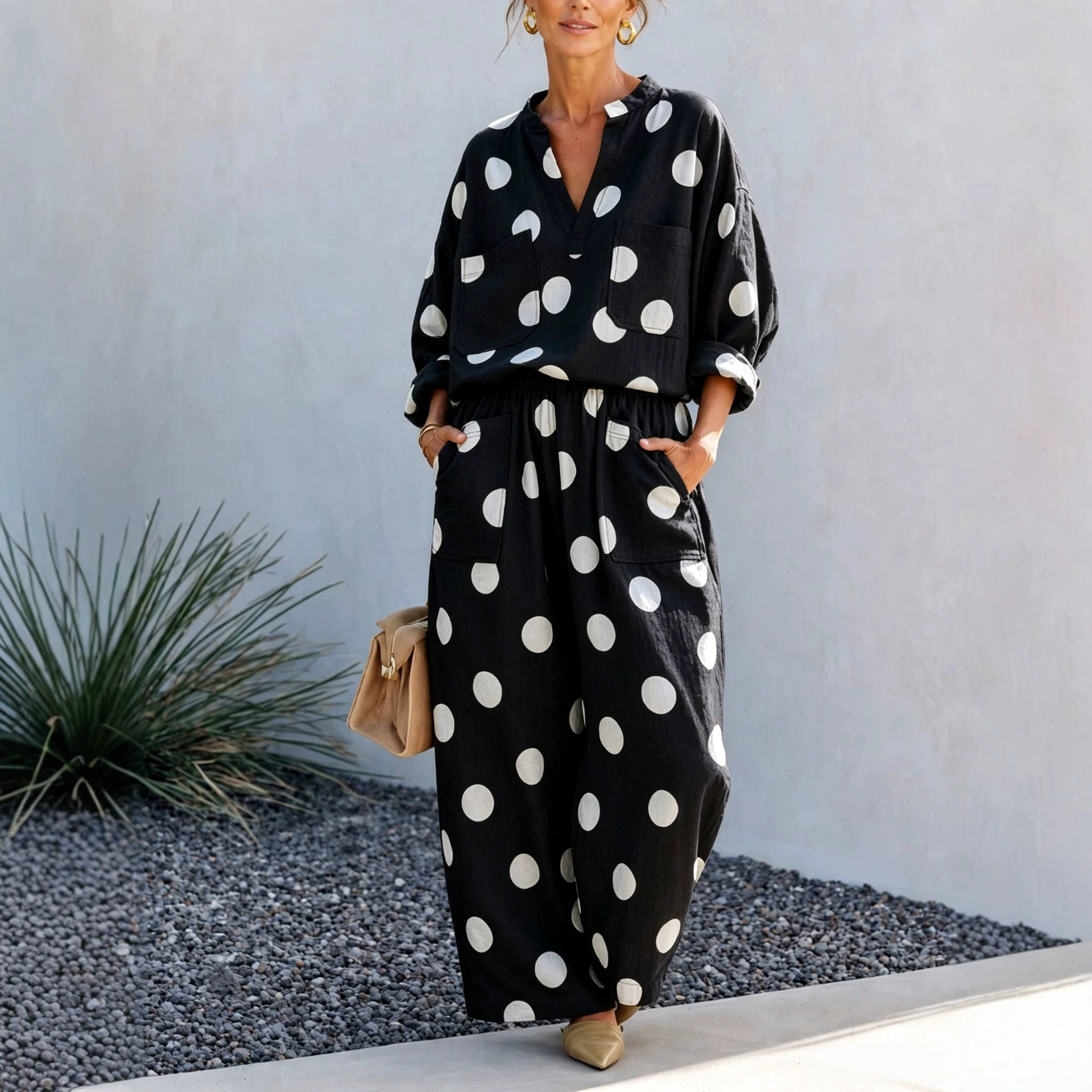 Women's V-Neck Long Sleeve Top and Wide-Leg Pants Two-Piece Set