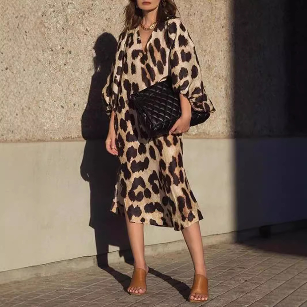 Lantern Sleeve V-Neck Leopard Print Midi Dress