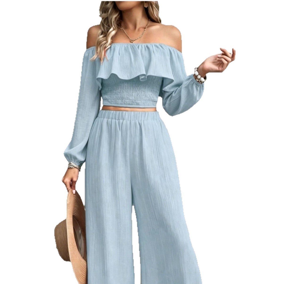 Women's Boho Off-Shoulder Ruffle Top & High-Waist Wide-Leg Pants Set