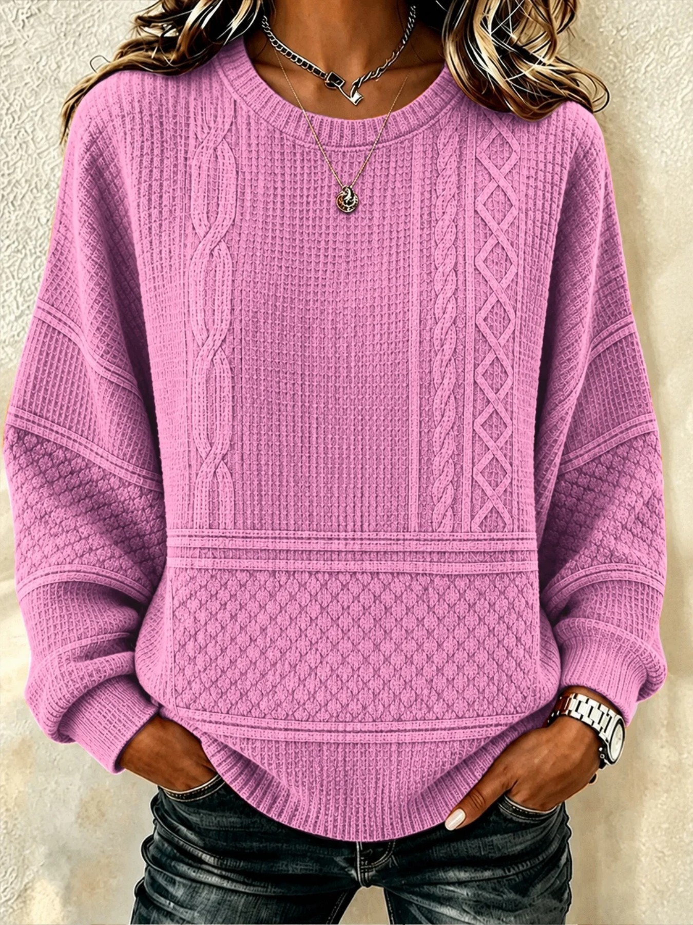Women's Casual Solid Striped Print Crewneck Long-Sleeve Sweatshirt