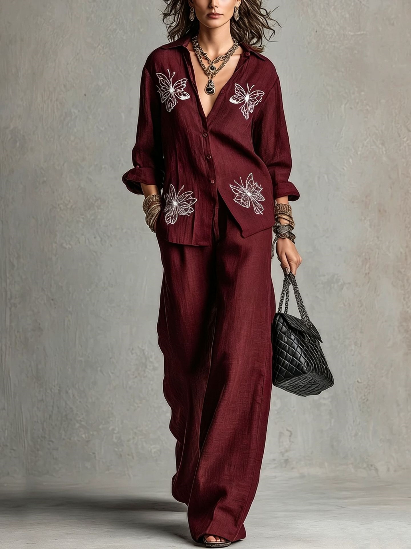 Women's Butterfly Embroidered Shirt & Wide-Leg Pants Two-Piece Set