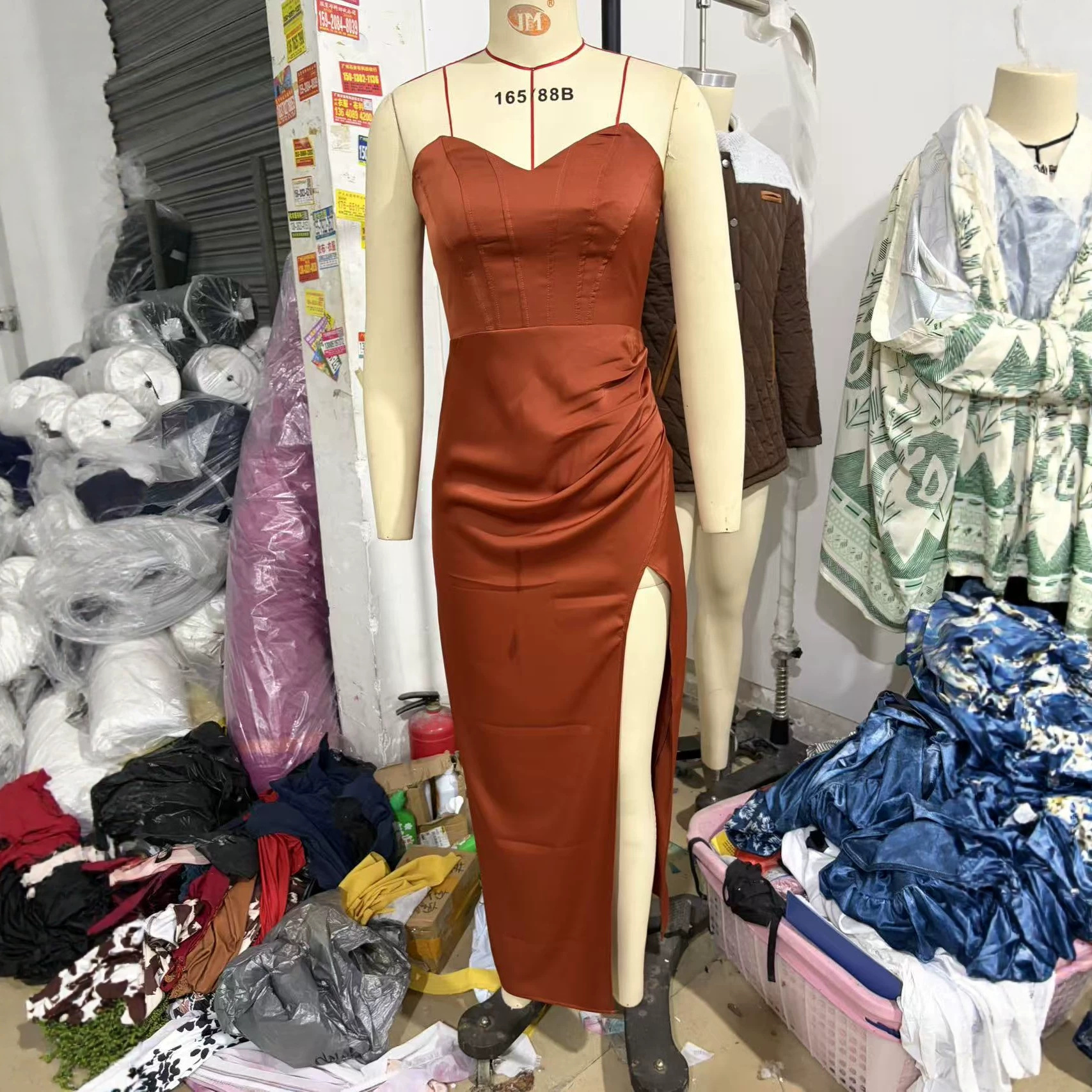 Women's Strapless V-Neck High Slit Evening Gown Ruched Waist Long Dress