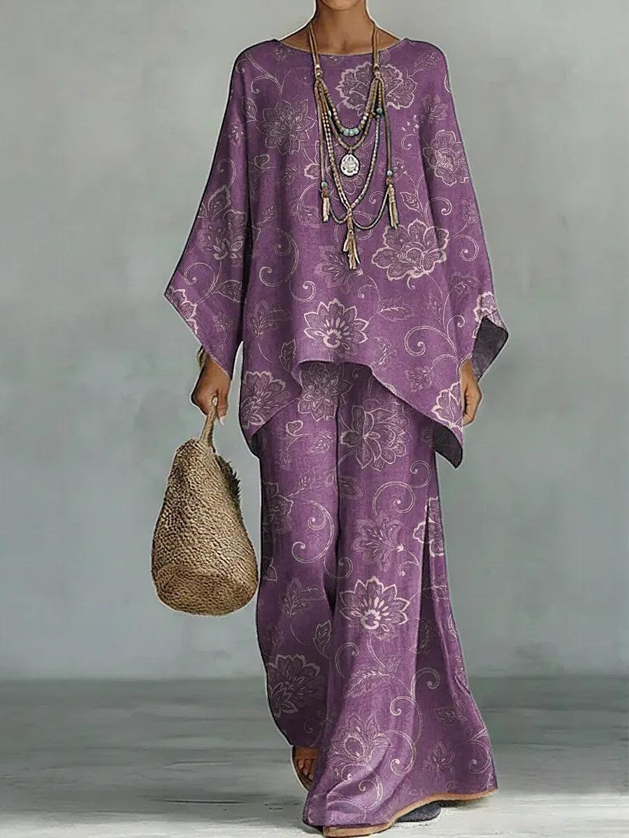 Printed Round Neck Top and Wide-Leg Pants Casual Two-Piece Set