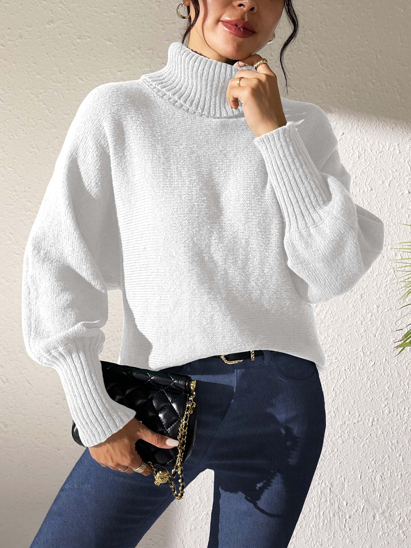 Women's Turtleneck Batwing Sleeve Pullover Sweater Solid Color Minimalist