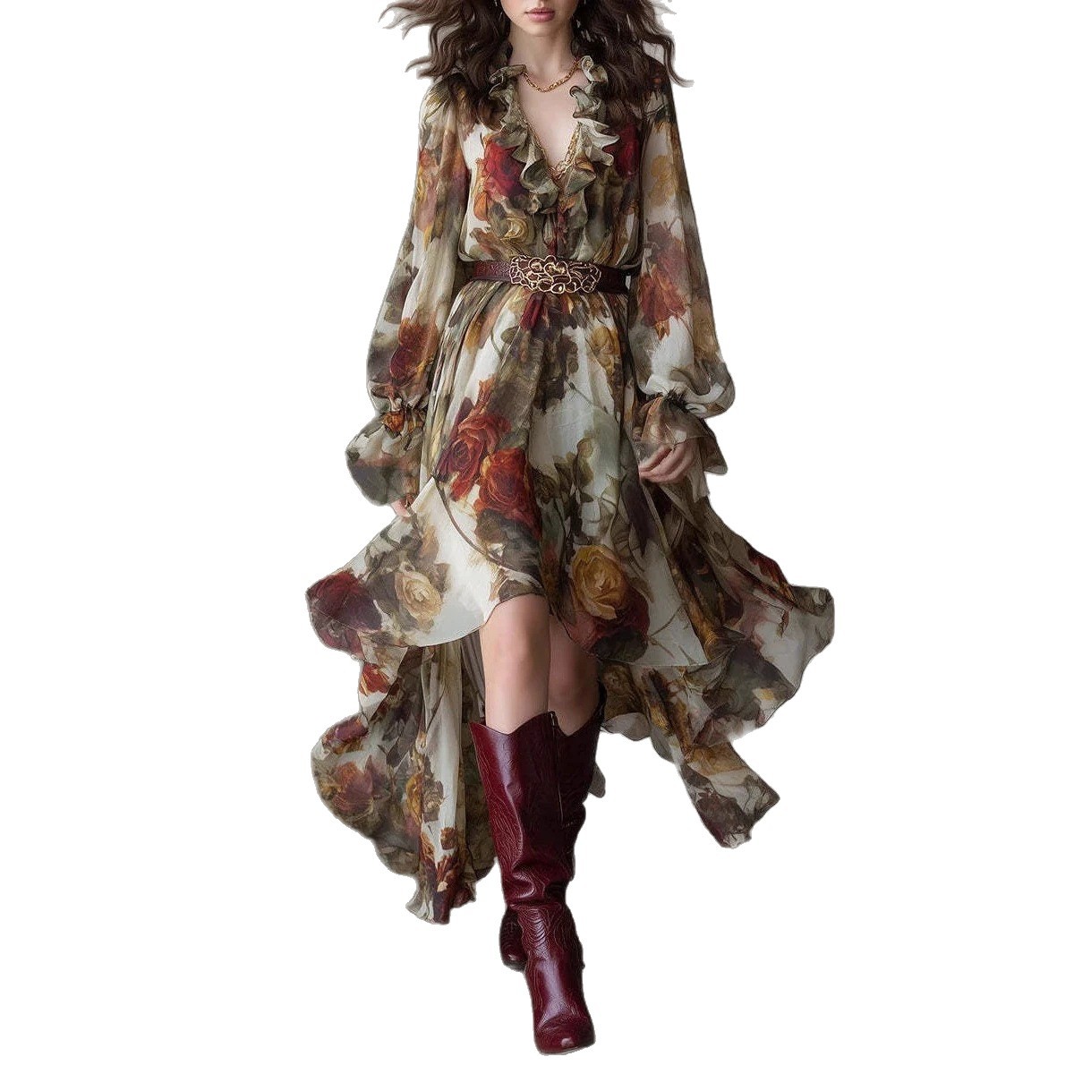 Vintage Rose Print Ruffle V-Neck Long Sleeve Cinched Waist Asymmetric Chiffon Dress