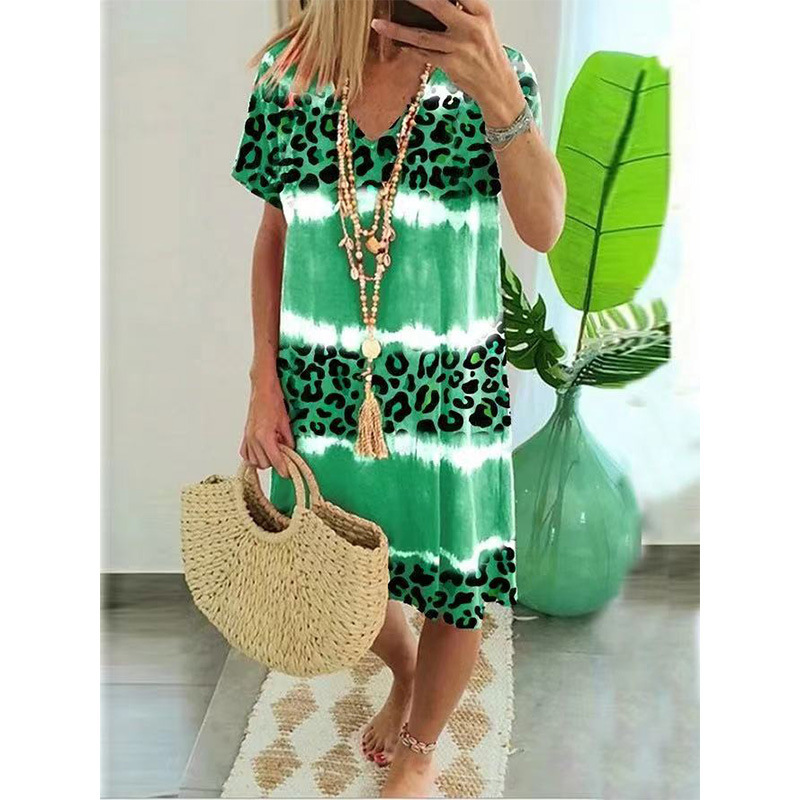 Women's Short Sleeve Leopard Print V-Neck Casual Midi Dress
