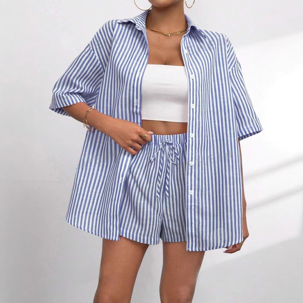 Striped Lapel Short-Sleeve Top and Shorts Two-Piece Set