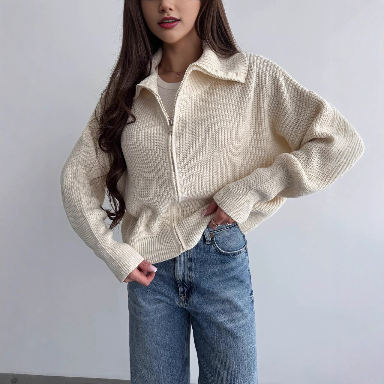 Solid Knit Long Sleeve Zip Collared Cardigan Casual Women's Warm Outerwear