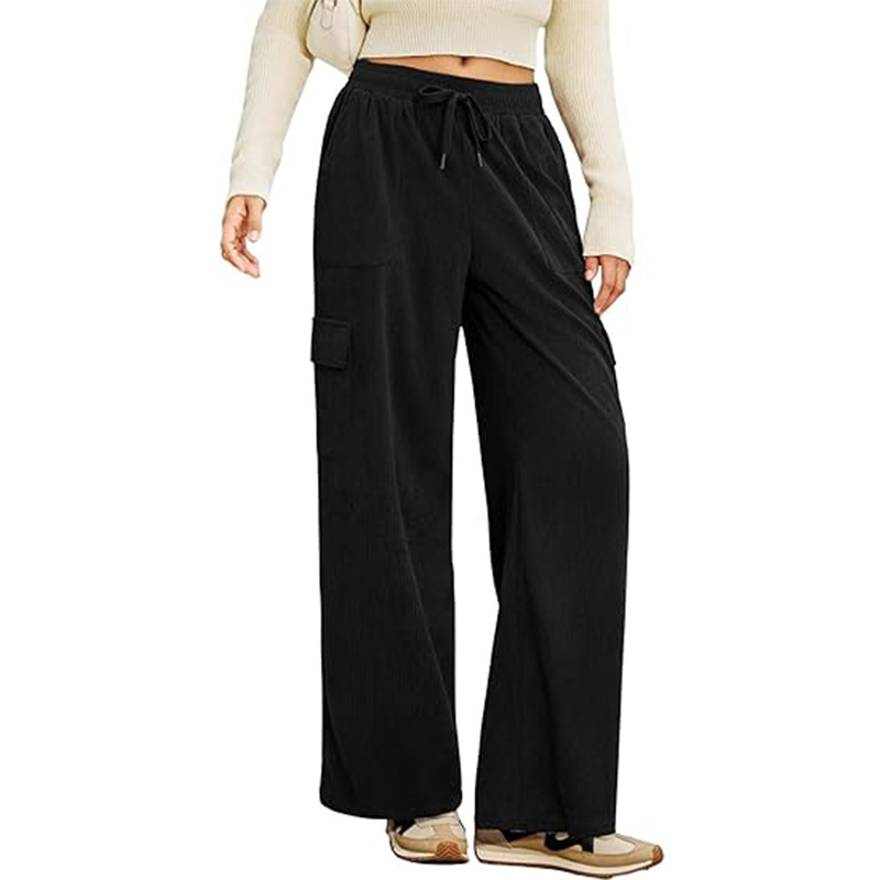 Corduroy Cargo Pants for Women Elastic Waist Wide Leg Loose Straight Casual