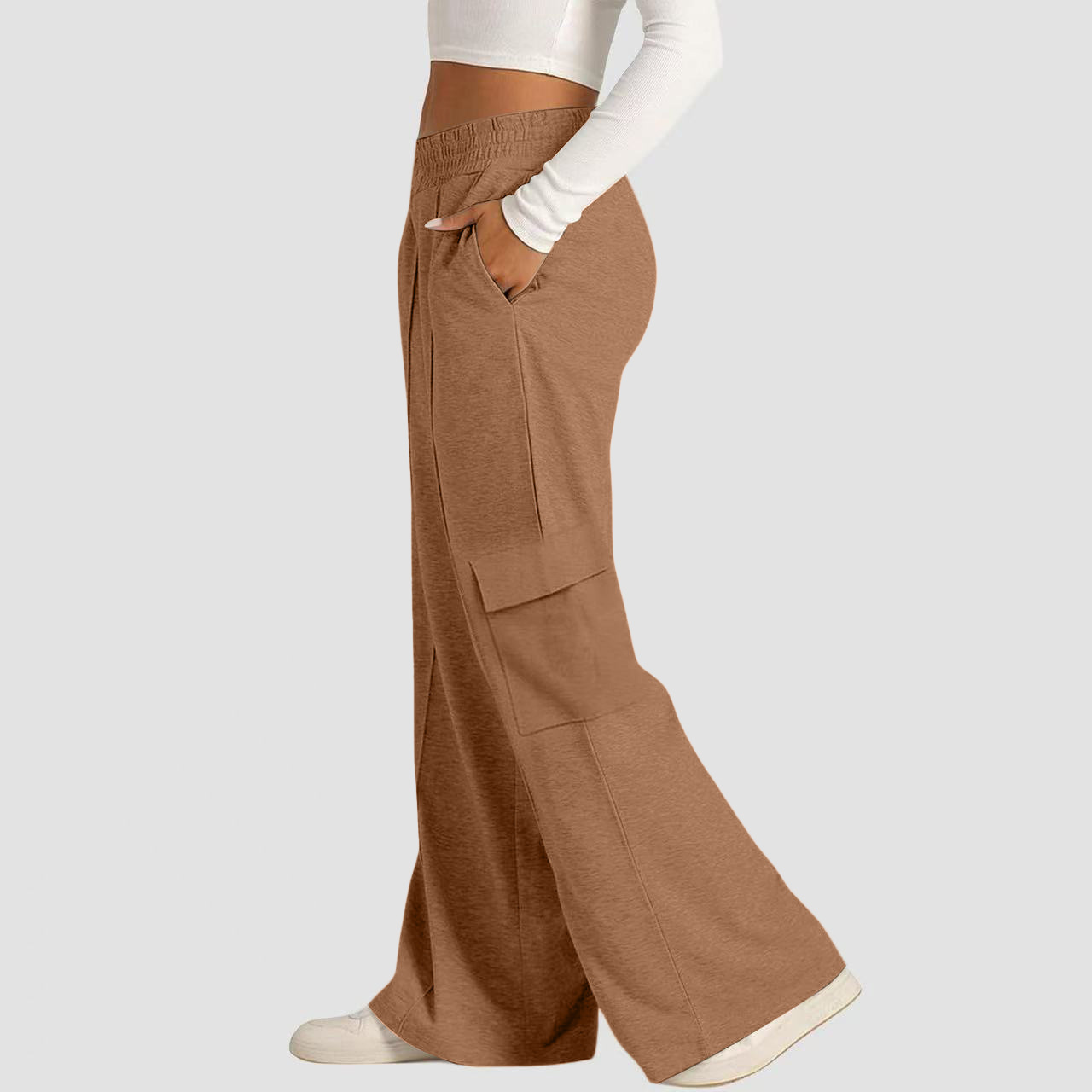 Women's Loose Wide-Leg Cargo Pants with Elastic Waist Drawstring Pockets