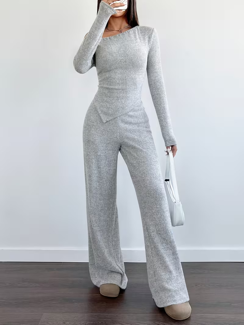 Women's One-Shoulder Knit Two-Piece Set Slim Fit Long Sleeve Top & Wide Leg Pants