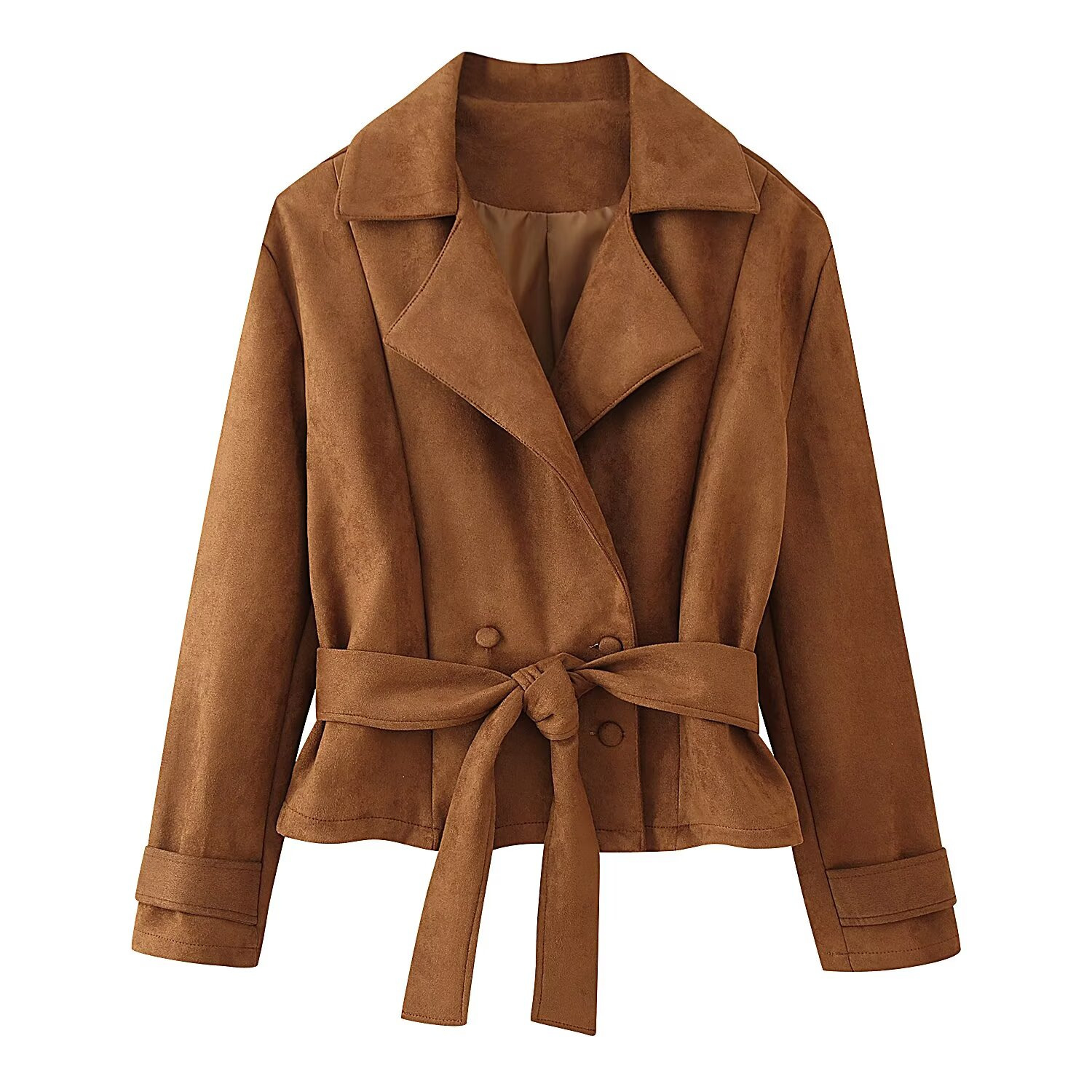 Suede Tie-Front Collared Long-Sleeve Jacket