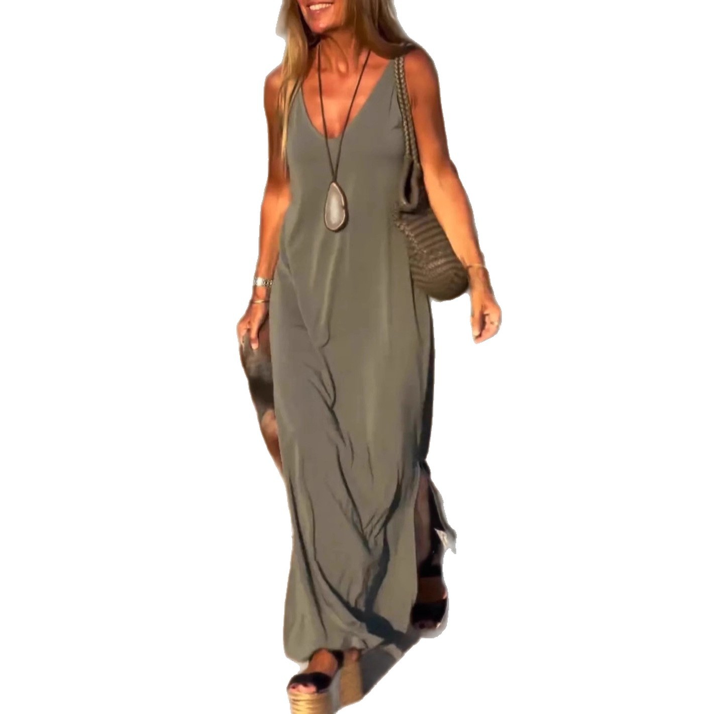 V-Neck Sleeveless Knit Maxi Dress Casual Slim Fit