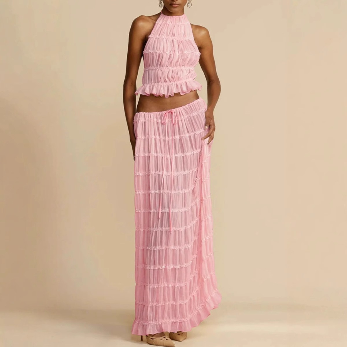 Sleeveless Halter Open-Back Maxi Dress Set