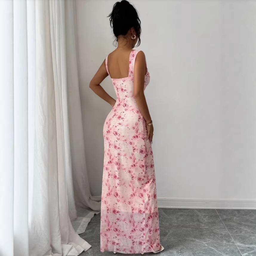 Slim-Fit Floral Print Sleeveless Long Dress