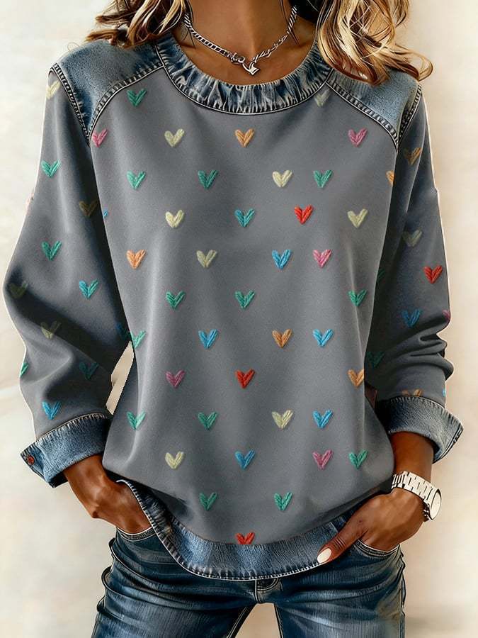 Women's Heart Polka Dot Letter Print Crewneck Sweatshirt