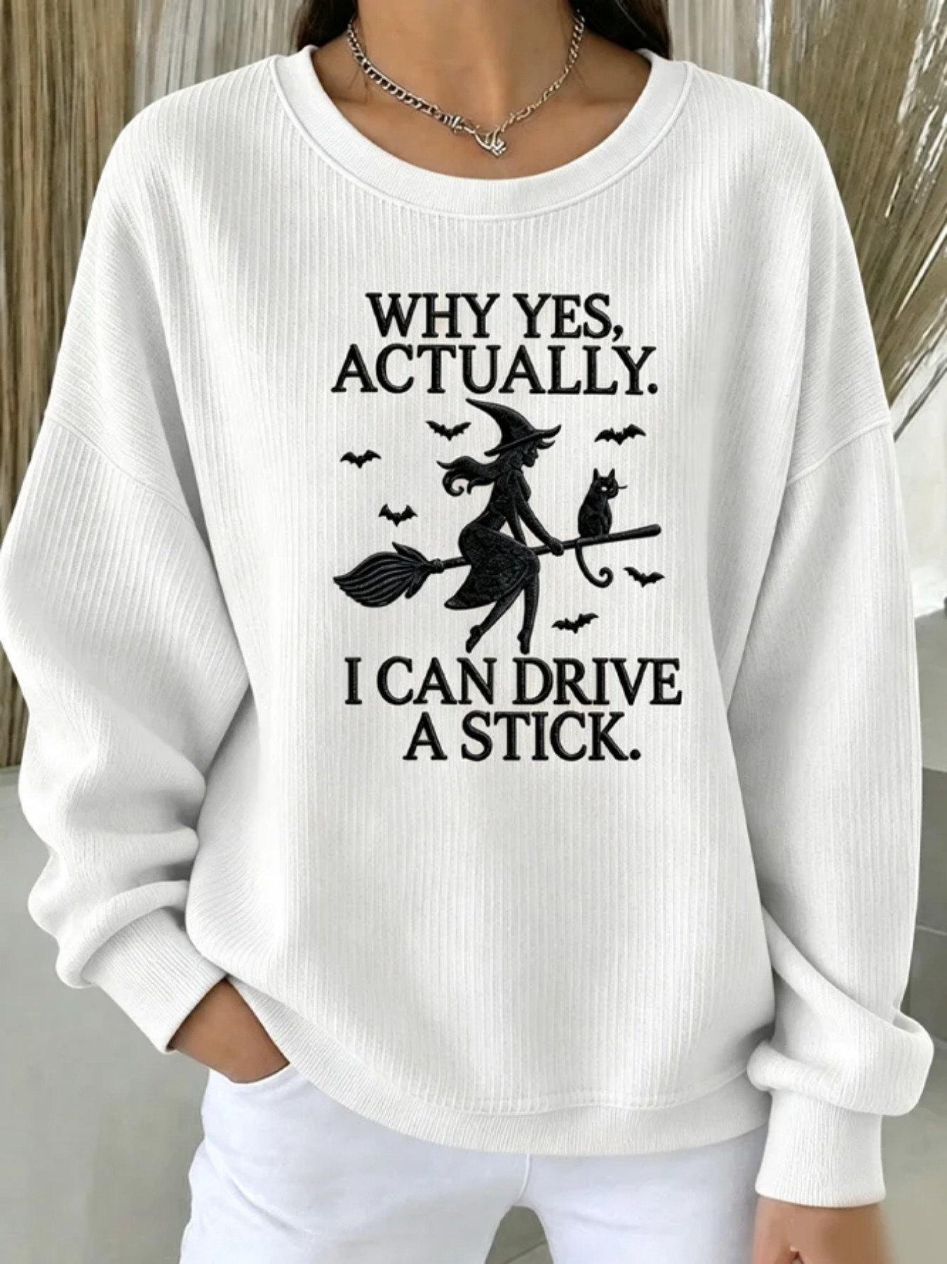 Halloween Witch Broom Print Crewneck Long-Sleeve Pullover Sweatshirt