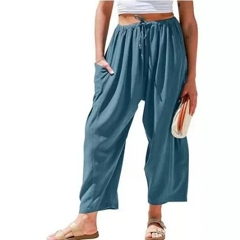 Women's Cotton-Linen Straight-Leg Cropped Pants with Elastic Waist and Pleats, Breathable Casual