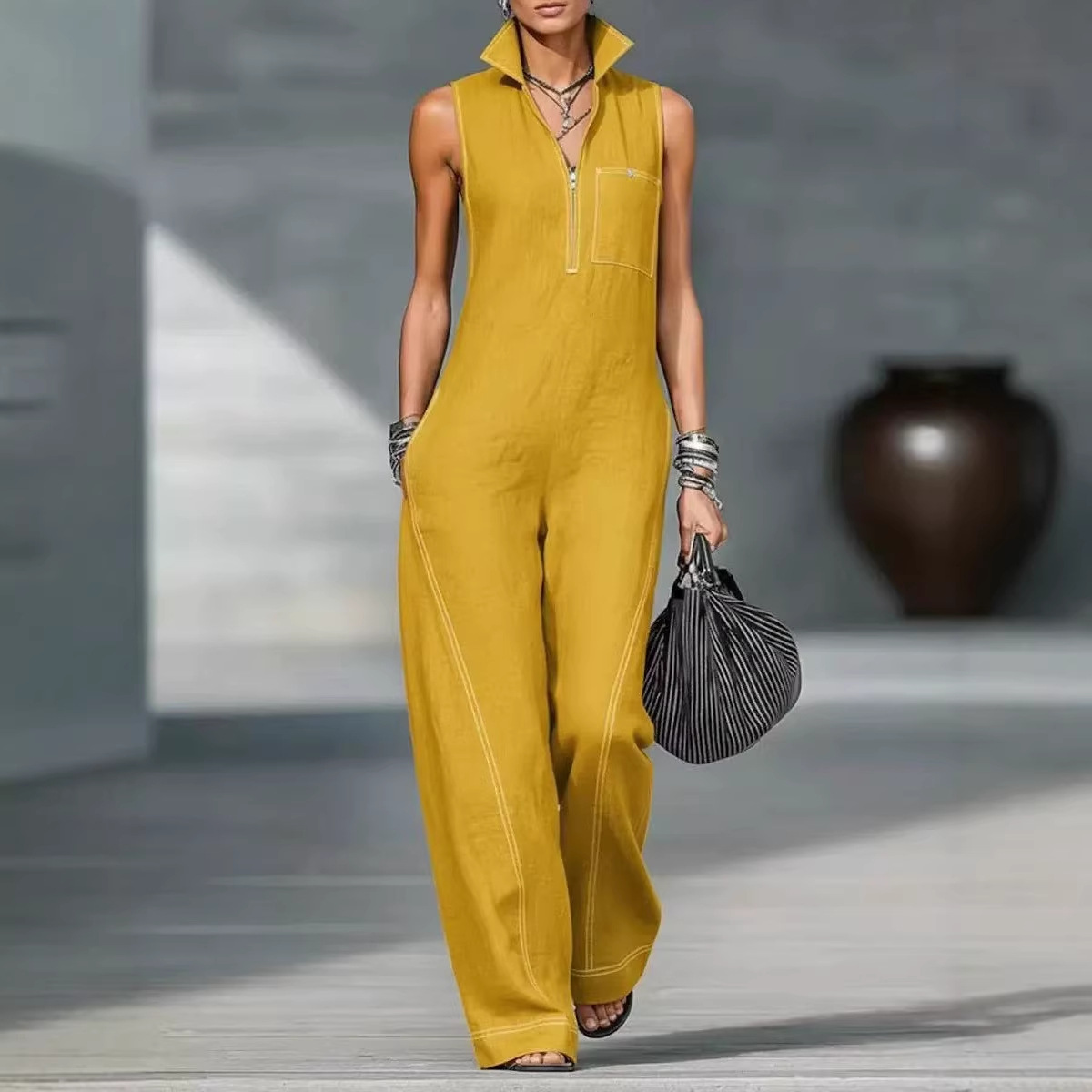 Women's Sleeveless Stand Collar Wide-Leg Jumpsuit
