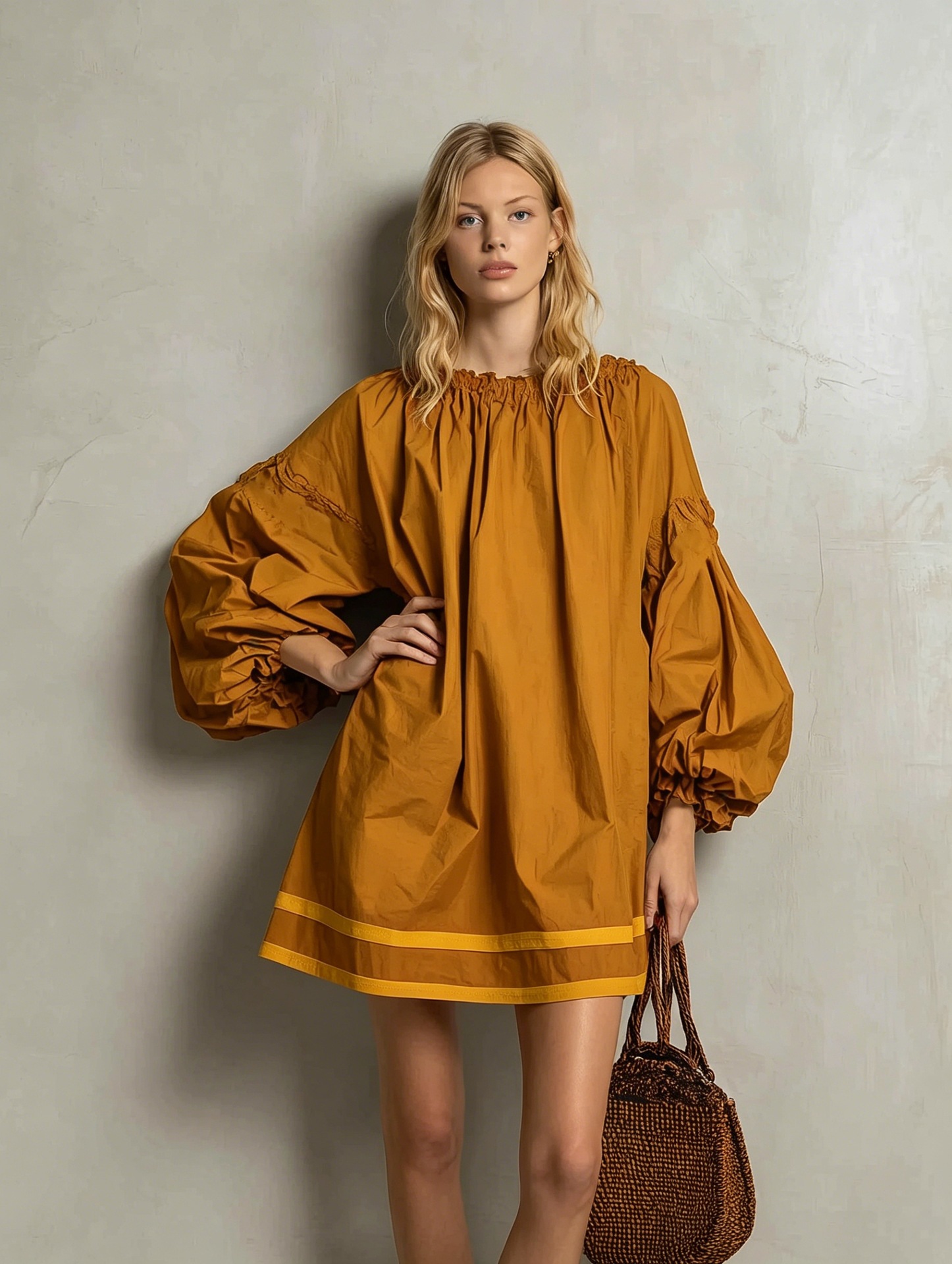 Women's Loose A-Line Dress with Round Neck, Puff Sleeves, Colorblock Patchwork, Short Babydoll Vacation Style