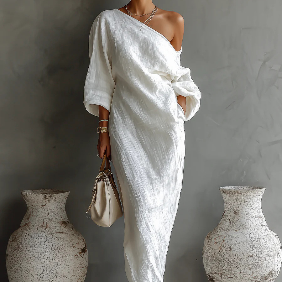 Elegant One-Shoulder Long Sleeve Maxi Dress with Asymmetrical Hem