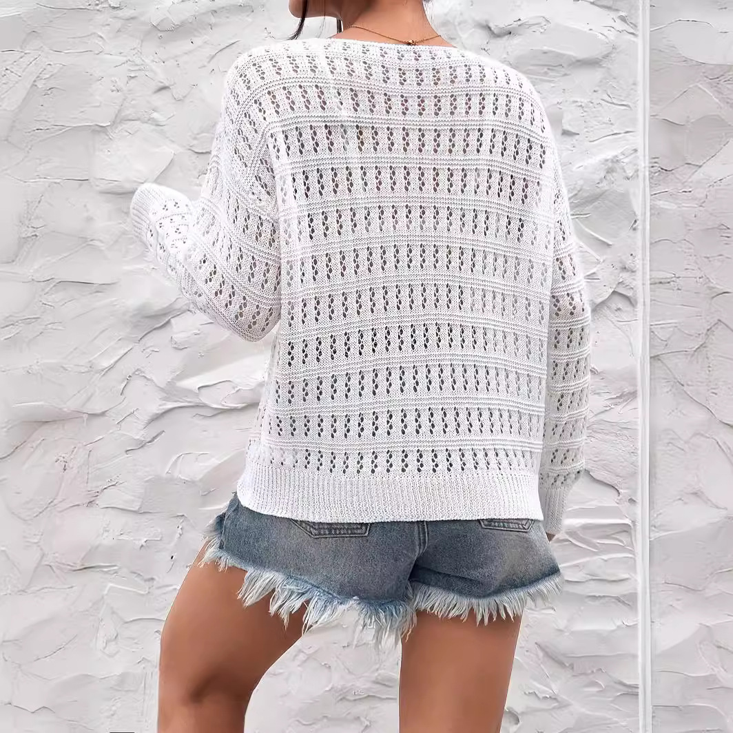 Women's Crochet Hollow-Out Off-Shoulder Long-Sleeve Knit Top